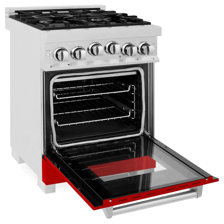 ZLINE 24 Inch 2.8 cu. ft. Range with Gas Stove and Gas Oven in DuraSnow® Stainless Steel and Red Matte Door 1