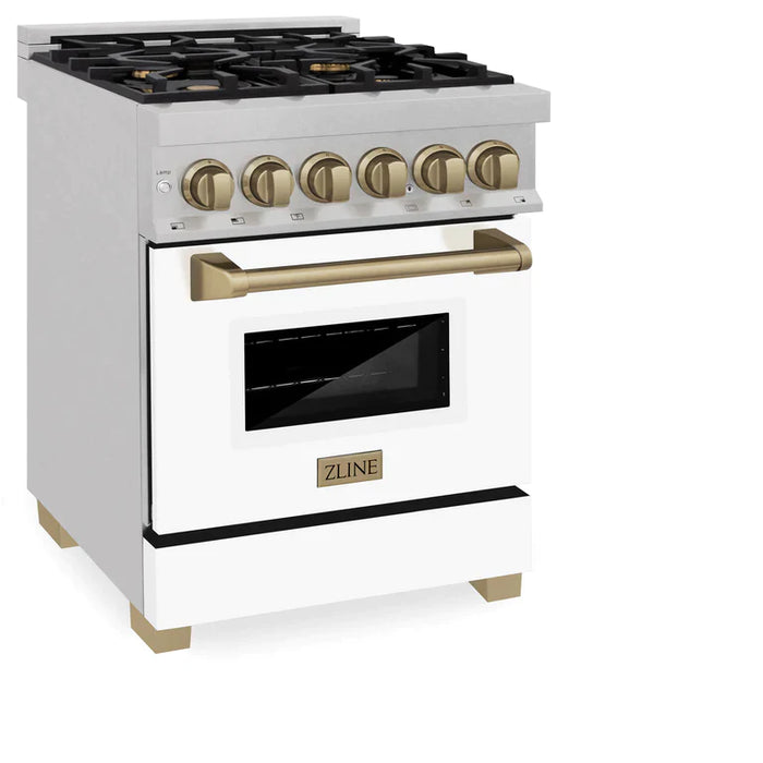 ZLINE 24 Inch Autograph Edition Dual Fuel Range in DuraSnow® Stainless Steel with White Matte Door and Gold Accents