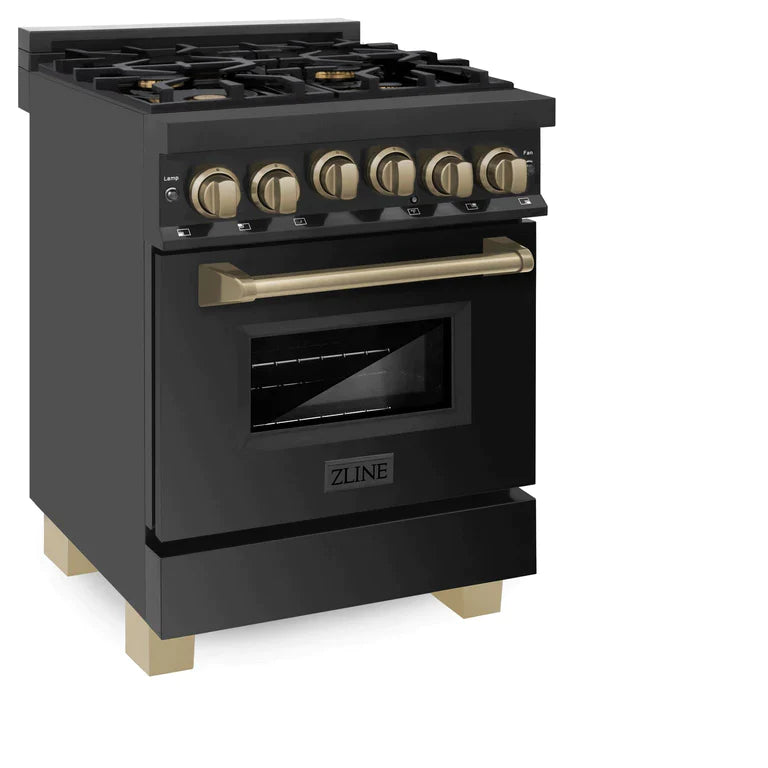 ZLINE 24 Inch Autograph Edition Gas Range in Black Stainless Steel with Champagne Bronze Accents