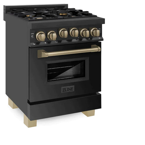 ZLINE 24 Inch Autograph Edition Gas Range in Black Stainless Steel with Champagne Bronze Accents 1