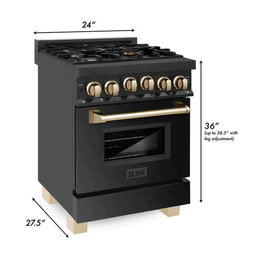 ZLINE 24 Inch Autograph Edition Gas Range in Black Stainless Steel with Gold Accents 3