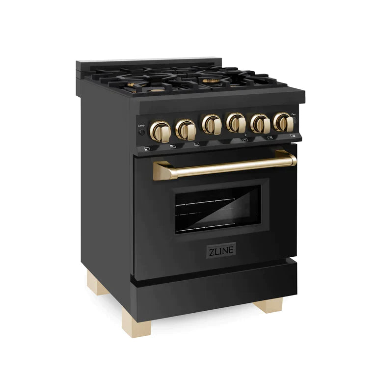 ZLINE 24 Inch Autograph Edition Gas Range in Black Stainless Steel with Gold Accents