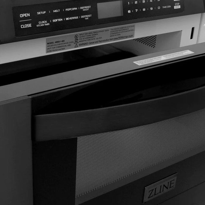 ZLINE Kitchen Package with Black Stainless Steel Dual Fuel Range, Convertible Vent Range Hood and Microwave Drawer