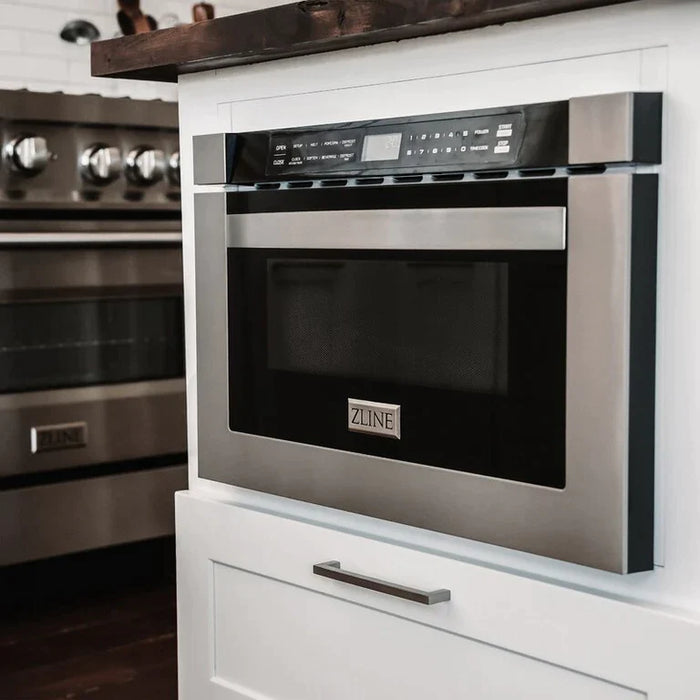 ZLINE Kitchen Package with Stainless Steel Dual Fuel Range, Convertible Vent Range Hood and 24" Microwave Oven