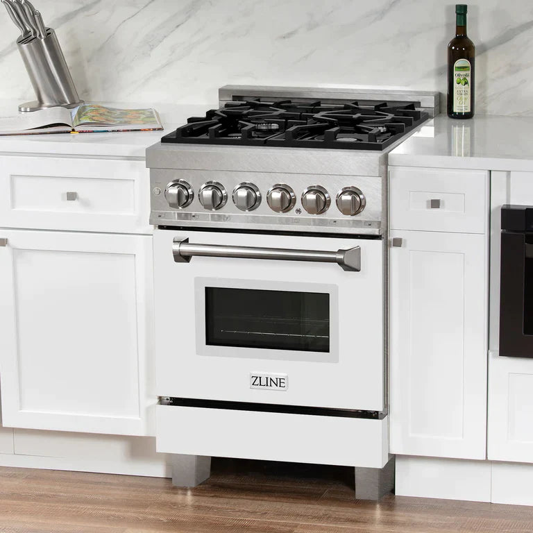 ZLINE 24 in. 2.8 cu. ft. Dual Fuel Range with Gas Stove and Electric Oven in DuraSnow® Stainless Steel and White Matte Door 1