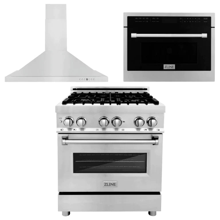 ZLINE Kitchen Package with Stainless Steel Dual Fuel Range, Convertible Vent Range Hood and 24" Microwave Oven 1