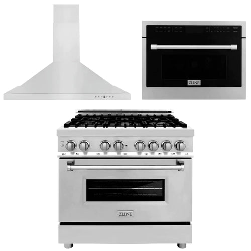 ZLINE Kitchen Package with Stainless Steel Dual Fuel Range, Convertible Vent Range Hood and 24" Microwave Oven 36