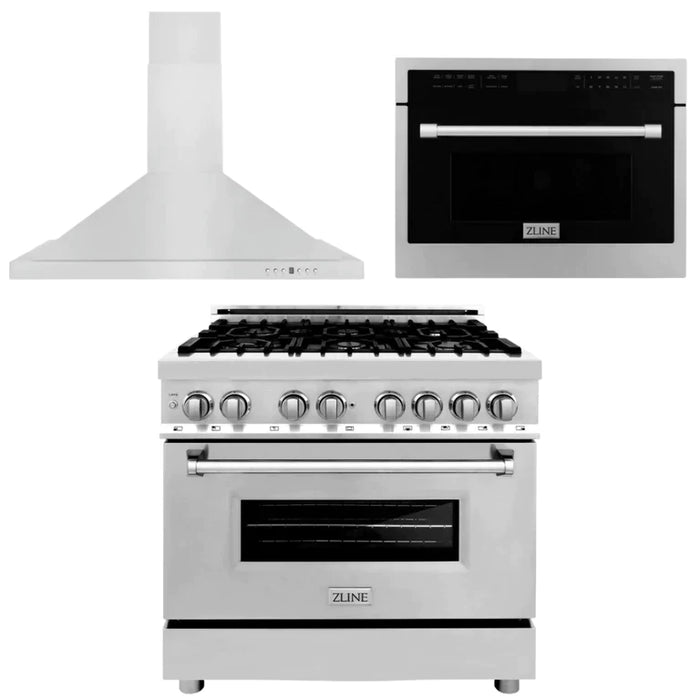 ZLINE Kitchen Package with Stainless Steel Dual Fuel Range, Convertible Vent Range Hood and 24" Microwave Oven