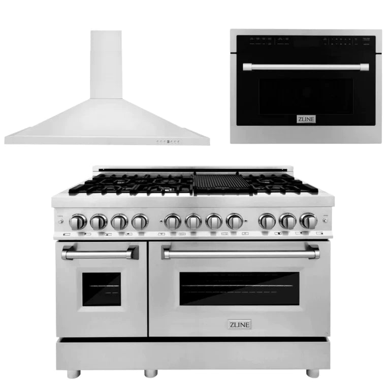 ZLINE Kitchen Package with Stainless Steel Dual Fuel Range, Convertible Vent Range Hood and 24" Microwave Oven 37