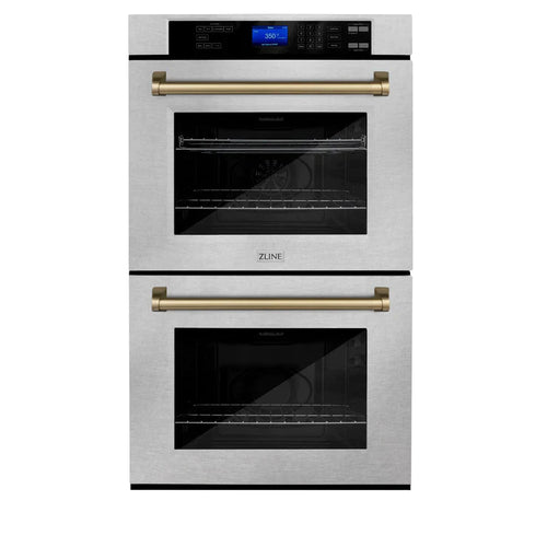 ZLINE 30 In. Autograph Edition Double Wall Oven with Self Clean and True Convection in DuraSnow® Stainless Steel and Champagne Bronze 1