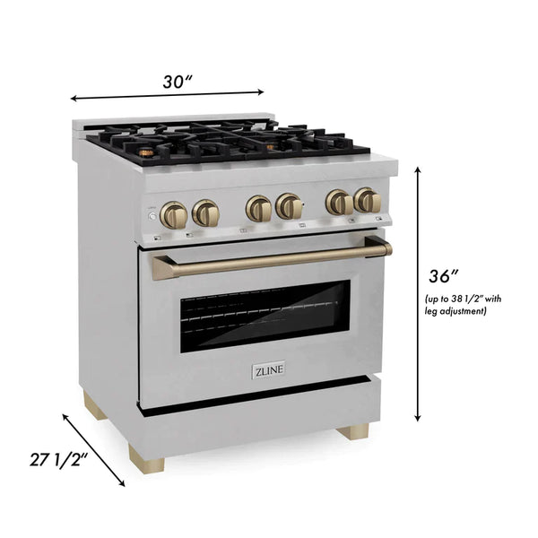 ZLINE 30 Inch Autograph Edition Dual Fuel Range in DuraSnow® Stainless Steel with Champagne Bronze Accents 5