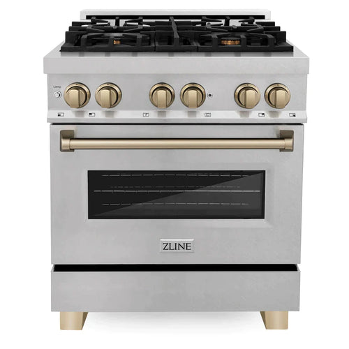 ZLINE 30 Inch Autograph Edition Dual Fuel Range in DuraSnow® Stainless Steel with Champagne Bronze Accents 7