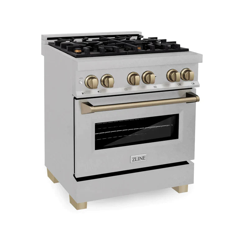ZLINE 30 Inch Autograph Edition Dual Fuel Range in DuraSnow® Stainless Steel with Champagne Bronze Accents