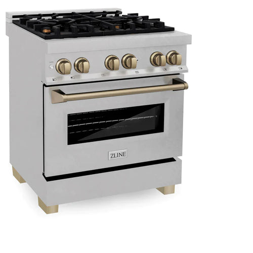 ZLINE 30 Inch Autograph Edition Dual Fuel Range in DuraSnow® Stainless Steel with Champagne Bronze Accents 3
