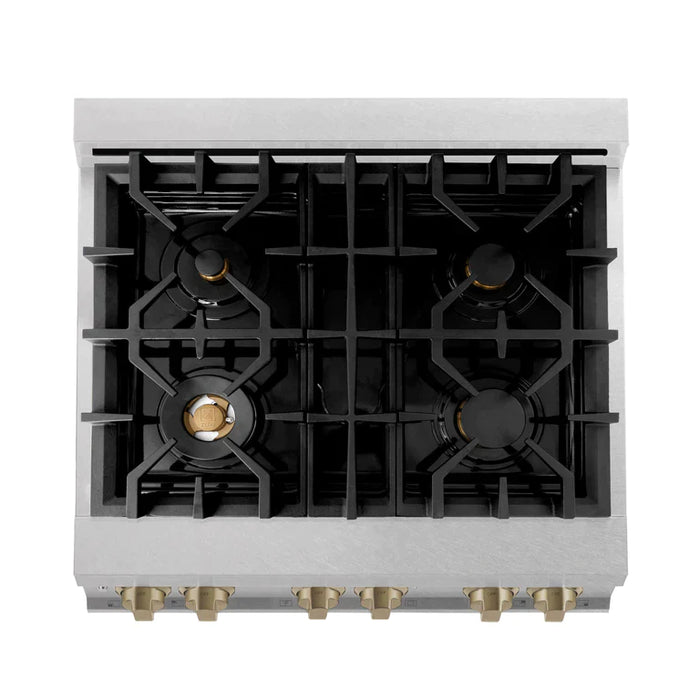 ZLINE 30 Inch Autograph Edition Dual Fuel Range in DuraSnow® Stainless Steel with Champagne Bronze Accents