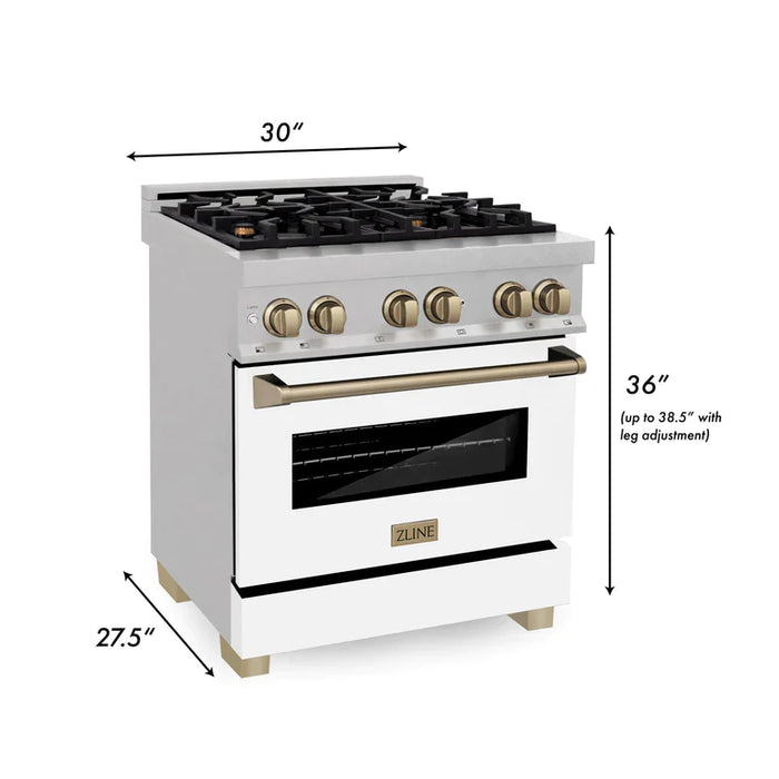 ZLINE 30 Inch Autograph Edition Dual Fuel Range in DuraSnow® Stainless Steel with White Matte Door and Champagne Bronze Accents