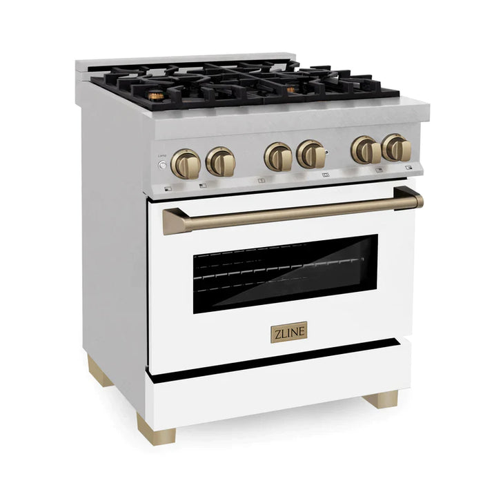 ZLINE 30 Inch Autograph Edition Dual Fuel Range in DuraSnow® Stainless Steel with White Matte Door and Champagne Bronze Accents