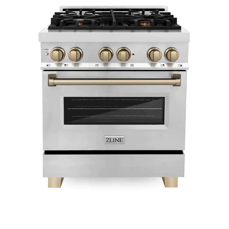 ZLINE 30 Inch Autograph Edition Dual Fuel Range in Stainless Steel with Champagne Bronze Accents