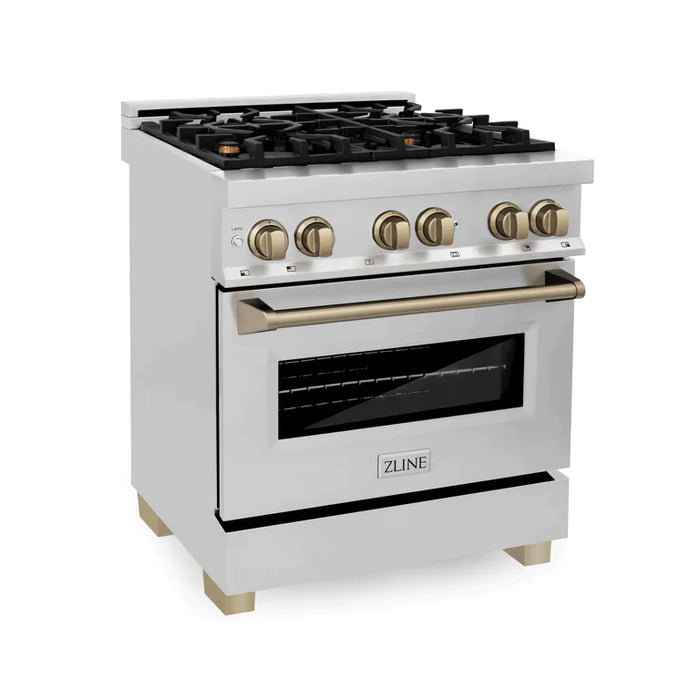 ZLINE 30" Autograph Edition Kitchen Package with Stainless Steel Dual Fuel Range, Range Hood, Dishwasher and Refrigeration with Accents