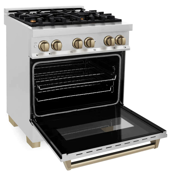 ZLINE 30" Autograph Edition Kitchen Package with Stainless Steel Dual Fuel Range, Range Hood, Dishwasher and Refrigeration with Accents