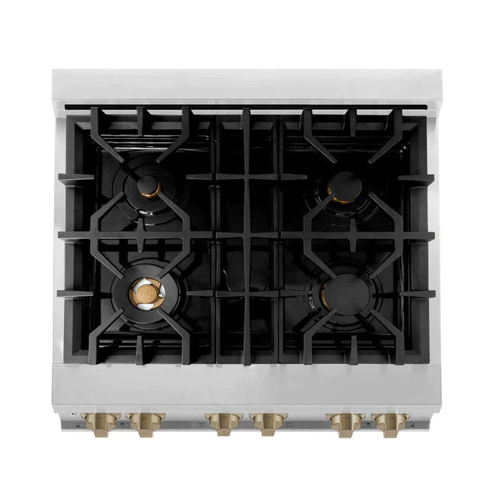 ZLINE 30" Autograph Edition Kitchen Package with Stainless Steel Dual Fuel Range, Range Hood, Dishwasher and Refrigeration with Accents