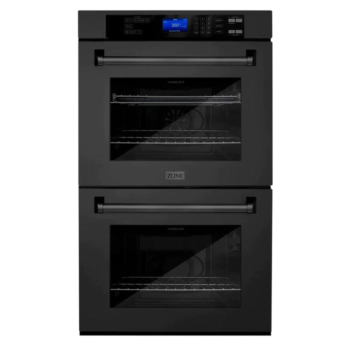 ZLINE Kitchen Package with Black Stainless Steel Refrigeration, 30" Rangetop, 30" Range Hood, 30" Double Wall Oven, and 24" Tall Tub Dishwasher