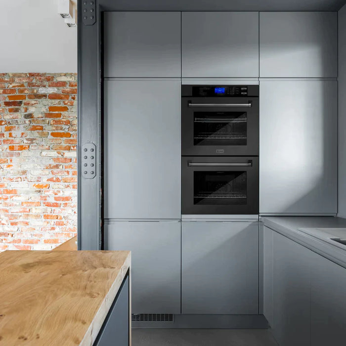 ZLINE Kitchen Package with Black Stainless Steel Refrigeration, 30" Rangetop, 30" Range Hood, 30" Double Wall Oven, and 24" Tall Tub Dishwasher
