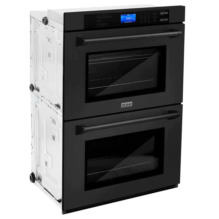 ZLINE Kitchen Package with Black Stainless Steel Refrigeration, 30" Rangetop, 30" Range Hood, 30" Double Wall Oven, and 24" Tall Tub Dishwasher