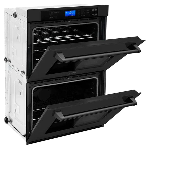ZLINE Kitchen Package with Black Stainless Steel Refrigeration, 30" Rangetop, 30" Range Hood, 30" Double Wall Oven, and 24" Tall Tub Dishwasher