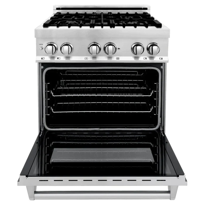 ZLINE Kitchen Package with Water and Ice Dispenser Refrigerator, 30" Dual Fuel Range, 30" Range Hood, Microwave Drawer, and 24" Tall Tub Dishwasher