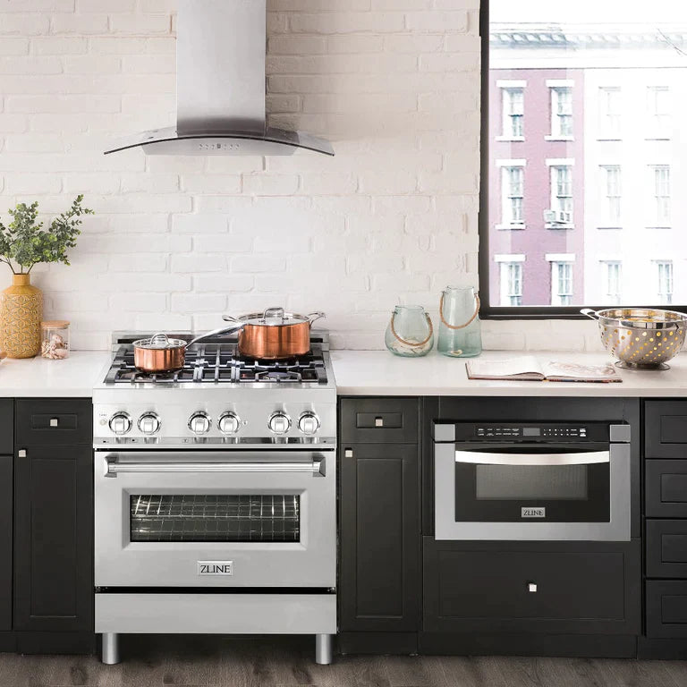 ZLINE Kitchen Package with Stainless Steel Dual Fuel Range, Convertible Vent Range Hood and 24" Microwave Oven 5