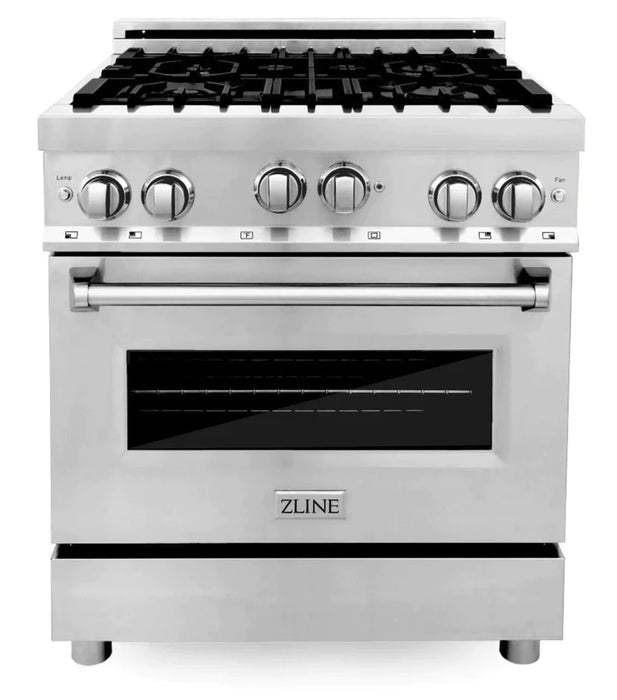 ZLINE Kitchen Package with Water and Ice Dispenser Refrigerator, 30" Gas Range, 30" Over the Range Microwave and 24" Tall Tub Dishwasher