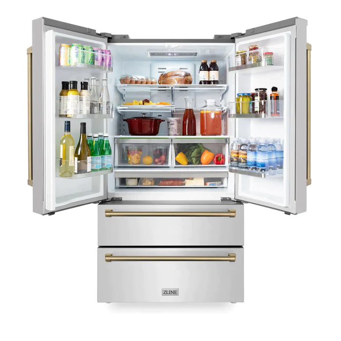 ZLINE 36" Autograph Edition Kitchen Package with Stainless Steel Dual Fuel Range, Range Hood, Dishwasher and Refrigeration with Accents