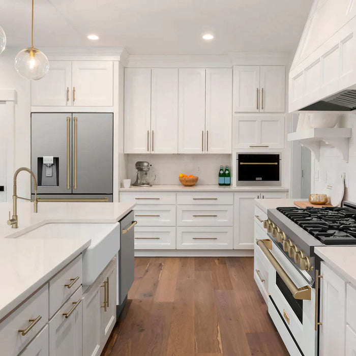 ZLINE 30" Autograph Edition Kitchen Package with Stainless Steel Dual Fuel Range, Range Hood, Dishwasher and Refrigeration with Accents