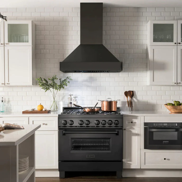 ZLINE Kitchen Package with Black Stainless Steel Dual Fuel Range, Convertible Vent Range Hood and Microwave Drawer