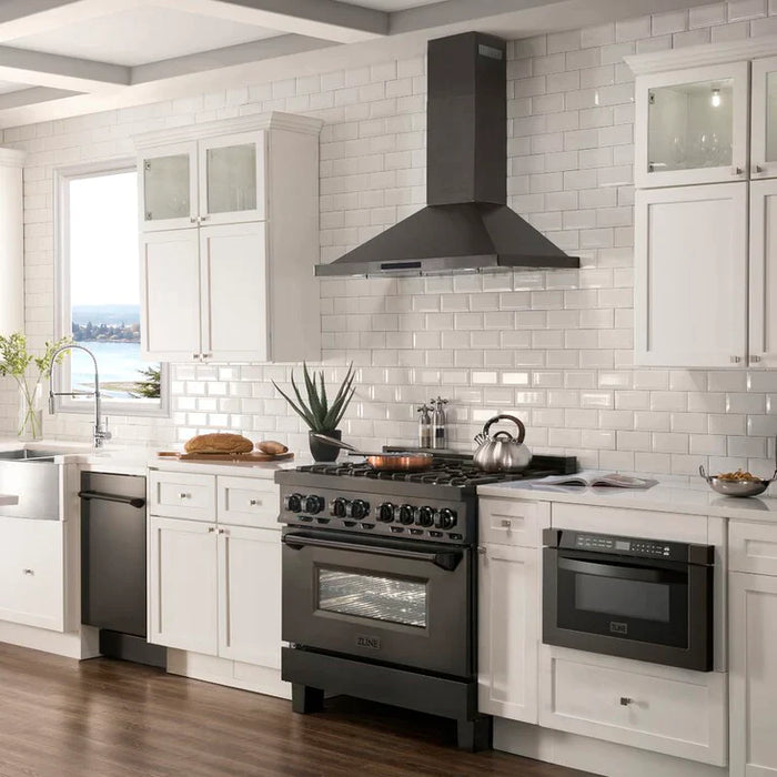 ZLINE Kitchen Package with Black Stainless Steel Dual Fuel Range, Convertible Vent Range Hood and 24" Microwave Oven