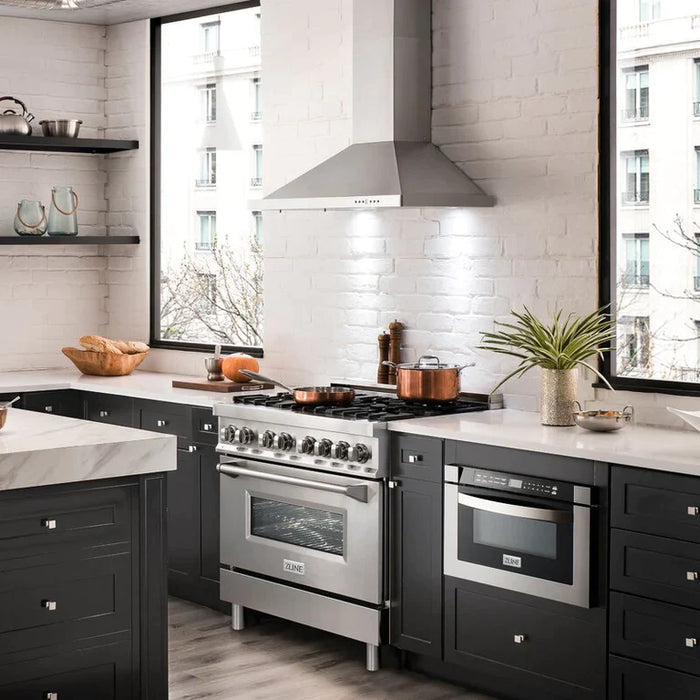 ZLINE Kitchen Package with Refrigeration, 36" Stainless Steel Rangetop, 36" Range Hood and 30" Single Wall Oven