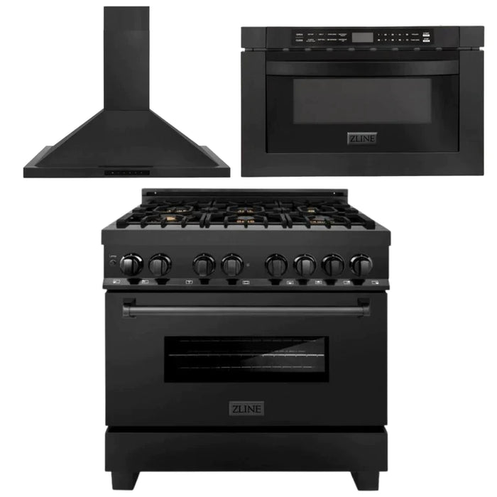 ZLINE Kitchen Package with Black Stainless Steel Dual Fuel Range, Convertible Vent Range Hood and Microwave Drawer