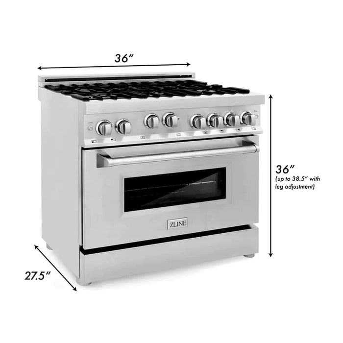 ZLINE Kitchen and Bath 36 Inch Professional Gas Burner and Gas Oven Range in Stainless Steel