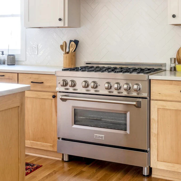 ZLINE 36" Kitchen Package with Stainless Steel Dual Fuel Range, Convertible Vent Range Hood and Dishwasher