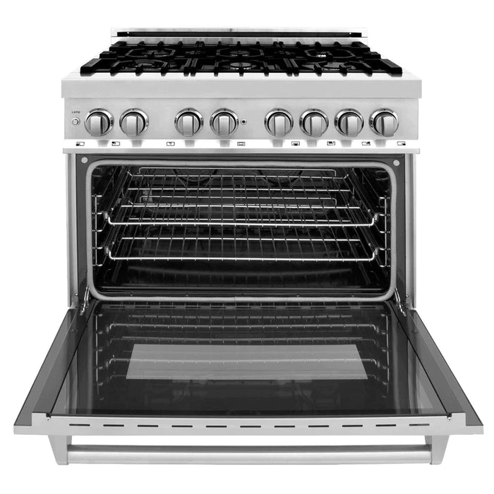 ZLINE 36" Kitchen Package with Stainless Steel Dual Fuel Range, Convertible Vent Range Hood and Tall Tub Dishwasher