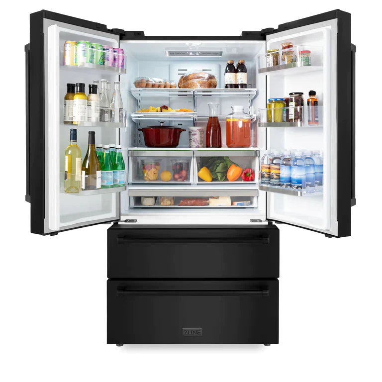 ZLINE Kitchen Package with Black Stainless Steel Refrigeration, 30" Rangetop, 30" Range Hood, 30" Single Wall Oven, and 24" Tall Tub Dishwasher
