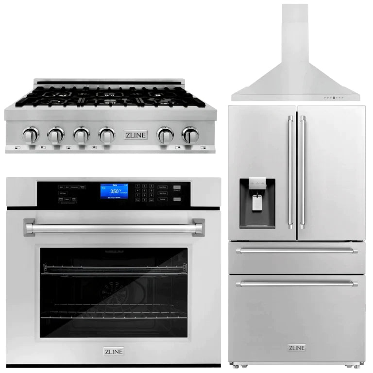 ZLINE Kitchen Package with Water and Ice Dispenser Refrigerator, 36" Rangetop, 36" Range Hood and 30" Single Wall Oven