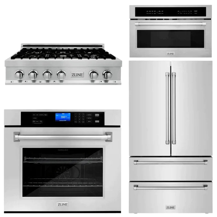 ZLINE Kitchen Package with Refrigeration,  Stainless Steel Rangetop, 30" Single Wall Oven, 30" Microwave Oven