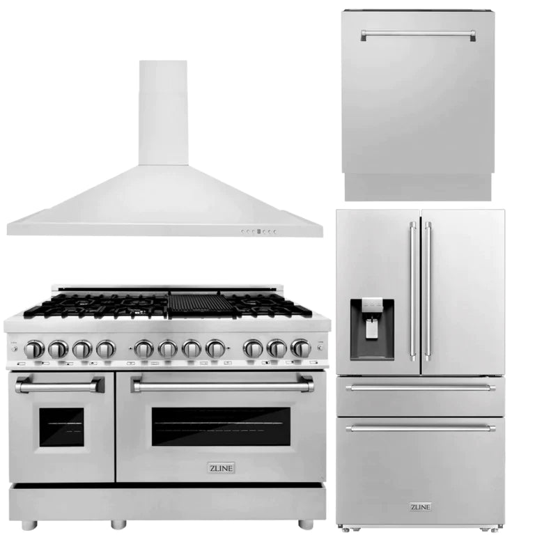 ZLINE Kitchen Package with Water and Ice Dispenser Refrigerator, 48" Dual Fuel Range, 48" Range Hood, and 24" Tall Tub Dishwasher 1