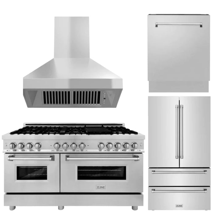 ZLINE Kitchen Package with Refrigeration, Stainless Steel Dual Fuel Range, Convertible Vent Range Hood and Tall Tub Dishwasher