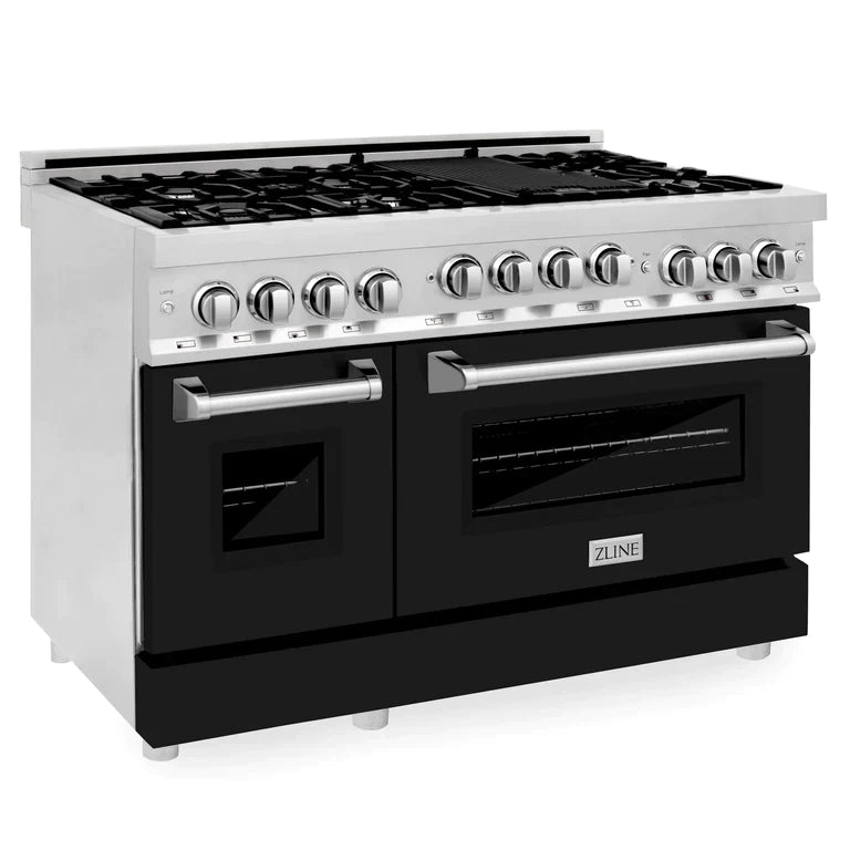 ZLINE 48 In. 6.0 cu. ft. Range with Gas Stove and Gas Oven in DuraSnow® Stainless Steel with Black Matte Doors 1