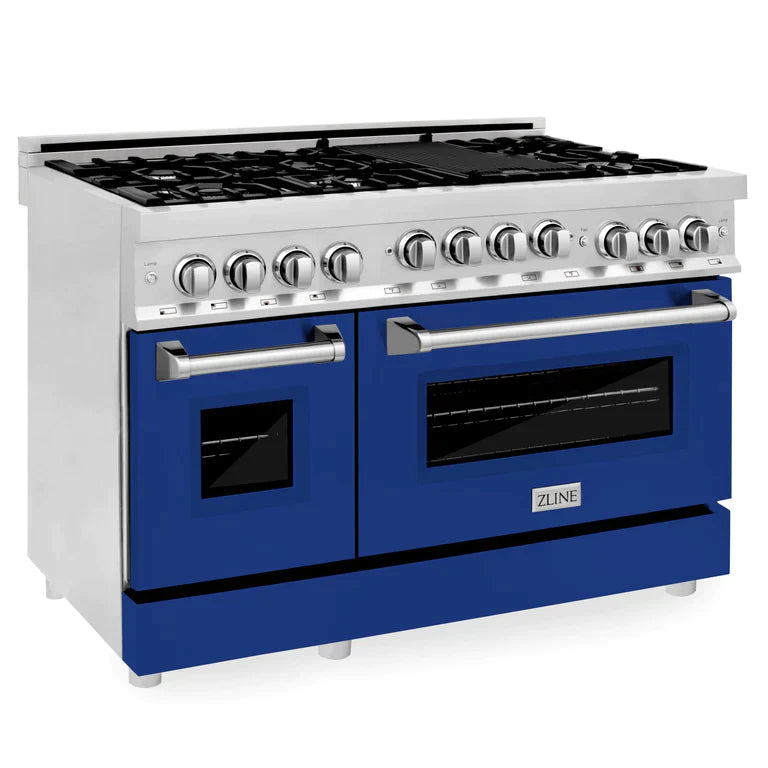 ZLINE 48 In. 6.0 cu. ft. Range with Gas Stove and Gas Oven in DuraSnow® Stainless Steel with Blue Gloss Doors