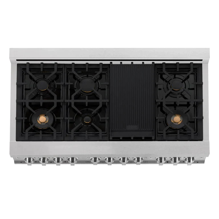ZLINE 48 In. 6.0 cu. ft. Range with Gas Stove and Gas Oven in DuraSnow® Stainless Steel with Brass Burners