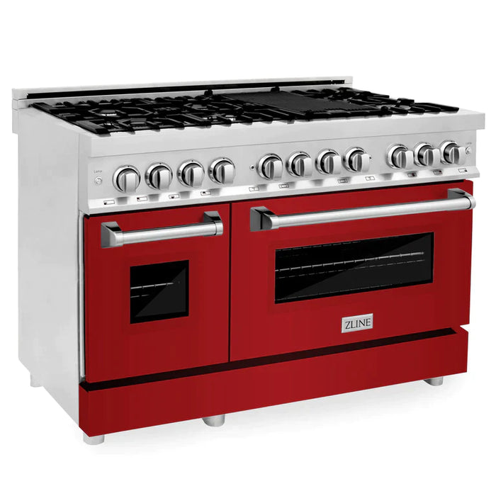 ZLINE 48 In. 6.0 cu. ft. Range with Gas Stove and Gas Oven in DuraSnow® Stainless Steel with Red Gloss Doors